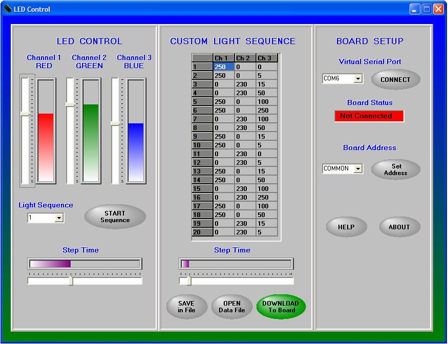 4.1 Interface description. The program graphical interface includes the 3 sections: 1. LED Control 2. Custom Light Sequence 3.