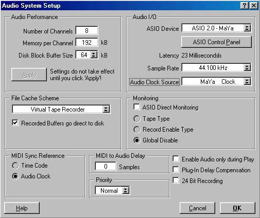 Audio/System from the Cubase VST main menu bar to open the Audio System Setup dialog box as below.