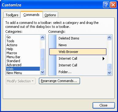 Getting Started Figure 18 Outlook - Web toolbar 3. Keep the Customize dialog box open. 4. Continue to Add a Web Browser button to the Web toolbar on page 30.