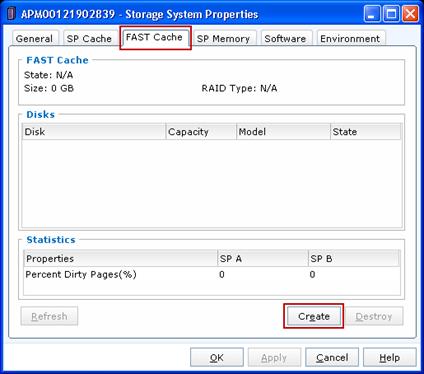 Figure 7. Storage System Properties dialog box 2. To create FAST Cache: a. Click Create to open the Create FAST Cache dialog box. Figure 8.