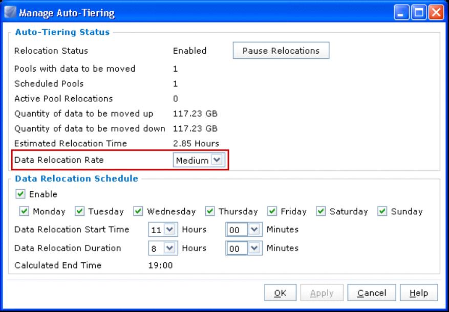 Figure 10. Manage Auto-Tiering dialog box From this window, you can control the Data Relocation Rate. The default rate is set to Medium to avoid significantly affecting host I/O.
