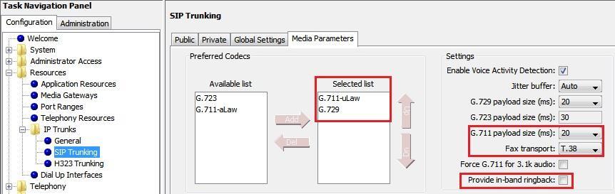 Media Parameters Select module type IP Trunks, click on the SIP Media Parameters tab under Configuration Resources