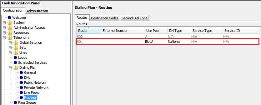 Select Configuration Telephony Dialing Plan Routing Routes tab, add route 001. Edit route 001 column Use Pool entry to BlocA. and the DN type column to National.