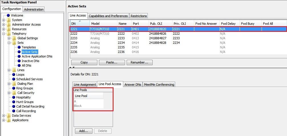 Line Pool Figure 20 Line Assignment and Access-2 Click Line Pool Access tab under Configuration Telephony Active Sets and Line Access tab on the top and.