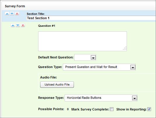 Survey content is organized by section, question and response. A survey must have at least one section, and all questions can be placed in that section.