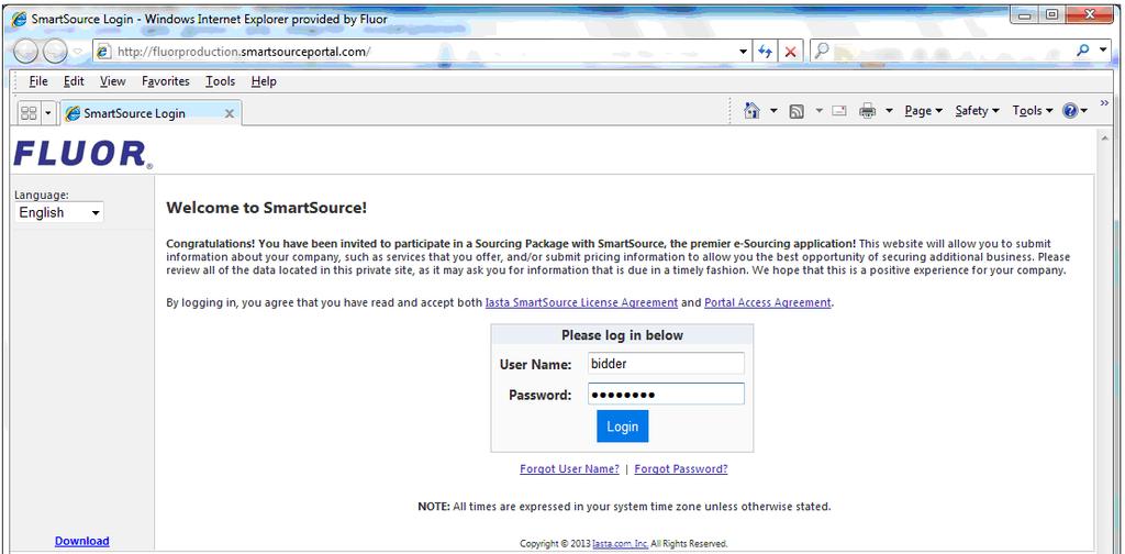 STEP 2 LOGGING IN After navigating and locating the site as shown on the email (http://fluorproduction.smartsourceportal.