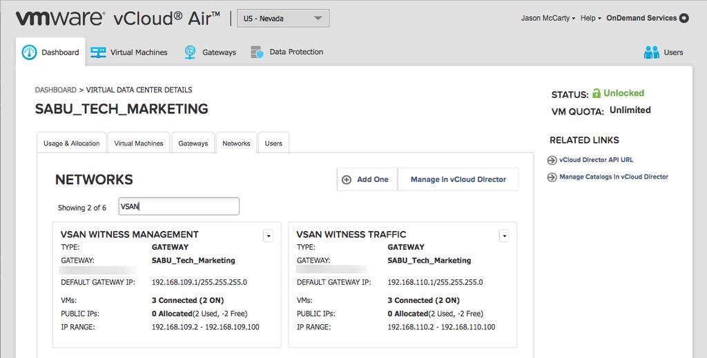 3.1 Networking in vcloud Air Networking in vcloud Air In vcloud Air, multiple independent networks can be created with visibility across different Virtual Applications (vapps), Virtual Data Centers