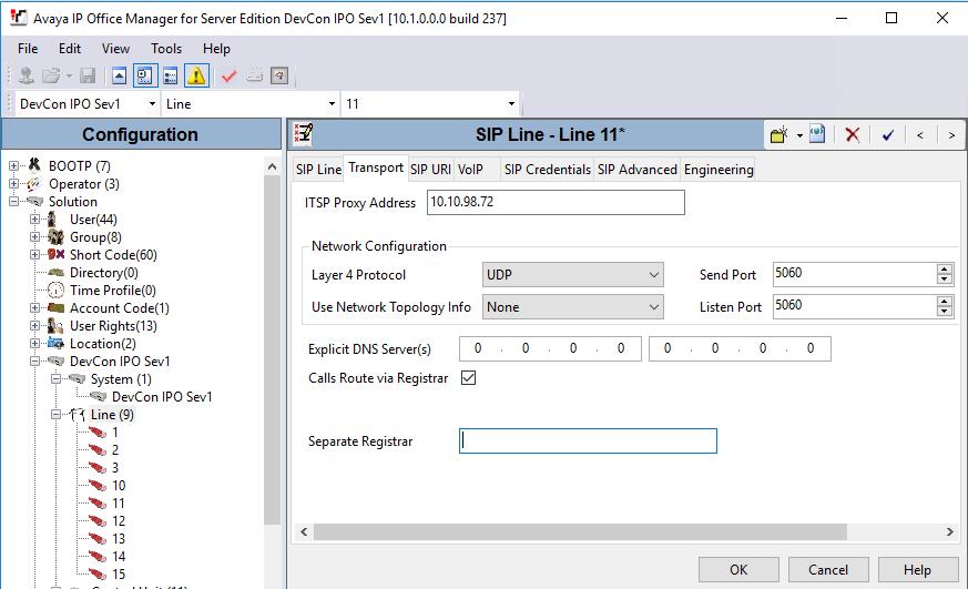 In the Transport tab enter the IP address of the Trio Enterprise Server in the ITSP Proxy Address field.
