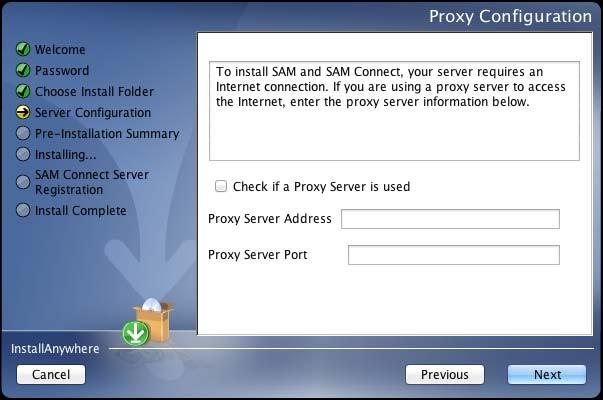 Proxy Configuration Screen The Proxy Configuration Screen configures the software for the server s Internet connection.