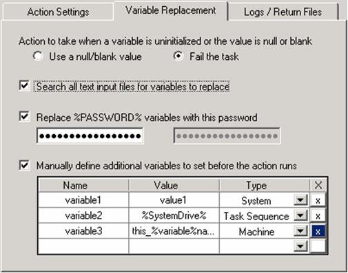 Variable Replacement tab The Variable Replacement page contains all the settings related to the use and replacement of variables within the task.