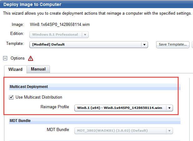 Check the multicast distribution option and select the reimage profile. Specify the other parameters as needed.
