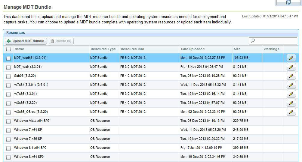 For each resource of Resource Type MDT Bundle, the Resource Info column displays the Windows PE version included in the bundle. You can upload multiple MDT bundles.