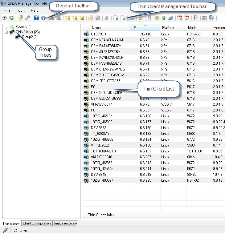 17 of 70 12/4/2012 12:18 PM The thin client management toolbar contains buttons to execute various remote operations. At least one client entry must be selected before performing any of these tasks.
