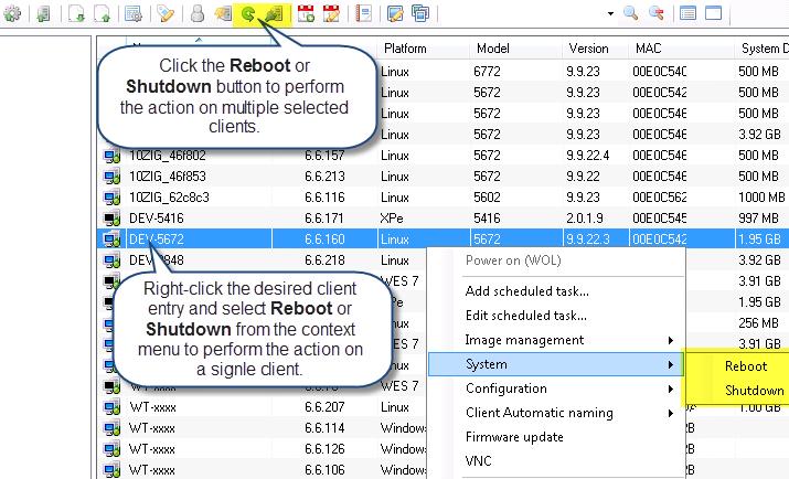 23 of 70 12/4/2012 12:18 PM 2.3.1.4 - Scheduled System Tasks Schedule system tasks such as shutting-down, rebooting and powering-on clients or edit scheduled tasks 2.3.1.5- VNC VNC allows shadowing the thin client from the console.