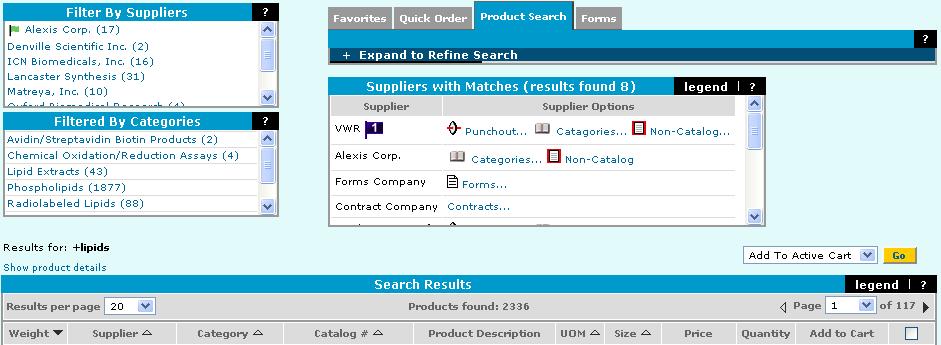 c. Above the search results, a list of matching suppliers displays. If the supplier has a punch-out site, it is indicated in the Supplier Options column, as shown below. d. Click the Punchout link to access the supplier punch-out site.