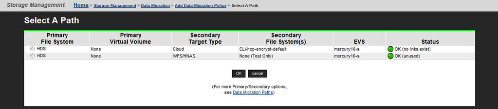 4. Select one of the migration paths you created on the Data Migration Paths page. The path specifies the source and the destination of the migration.