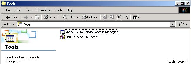CAP 505 Relay Product Engineering Tools 1MRS751901-MEN 3. Installation 3.4.3. Subfolder - Tools Fig. 3.4.3.-1 Subfolder - Tools To start the MicroSCADA Service Access Manager tool, double-click the icon MicroSCADA Service Access Manager.