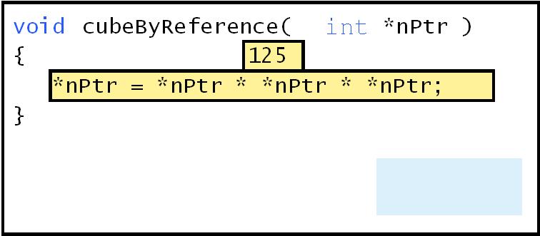 Before main calls cubebyreference : int main() { int number = 5; } number cubebyreference( &number ); 5 void cubebyreference( int *nptr ) { *nptr = *nptr * *nptr * *nptr; } nptr undefined After