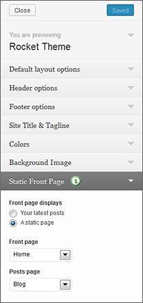 The Reading Setting can also be changed via Appearance Theme Customizer. The customizer opens on the left of the screen; you need the Static Front Page item (1).