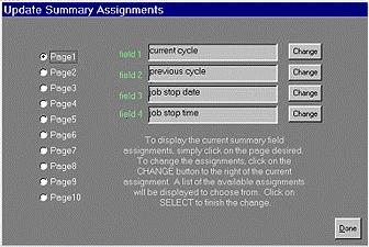 Change Summary Assignments The fields which appear on the Summary screen are defined here in the Update Summary Assignments window. Each page can have up to four fields.