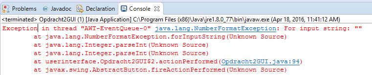 In one of the lines at the top you will also see a reference to a line number in a Java file. That s where the error occurs. It is probably one of the lines with a call of the parseint() method.