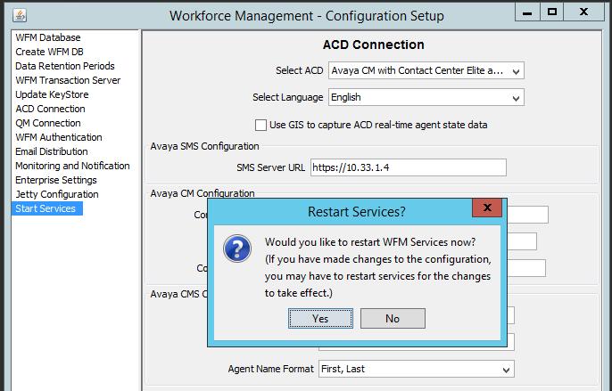 Click Start Services in the left pane and answer Yes when a Restart Services? window pops up to start the Calabrio Workforce Management services. 7.2.