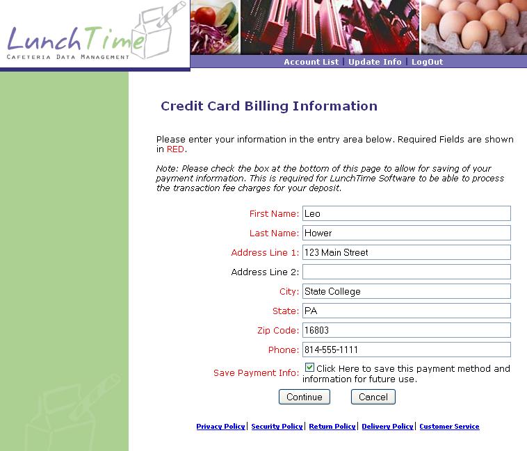On the Billing Information Page, enter the billing/account information for your chosen payment method.
