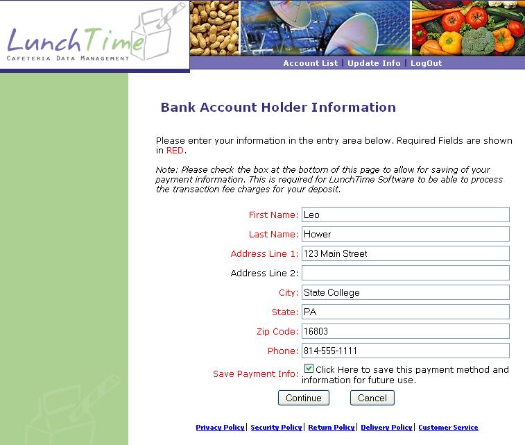 On the Bank Account Holder Information Page, enter the billing/account information for your chosen payment method.
