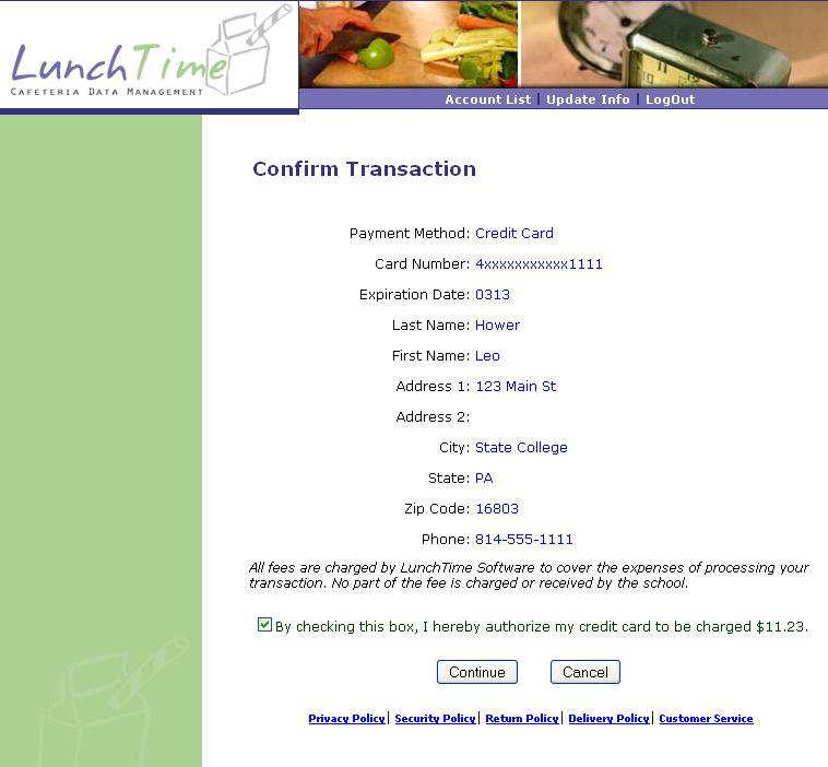 On the Confirm Transaction Page, verify the Payment Method and Address information.