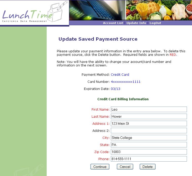 Verify the Billing Address and click the Continue button to proceed to the Account Information Page.
