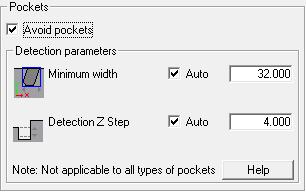 Pockets/ Flats Selection (Optimized Z-Level Finishing) Avoid Pockets Activating the Avoid Pockets option will display 2 parameters which determine how pockets are detected: Avoid Pockets Option