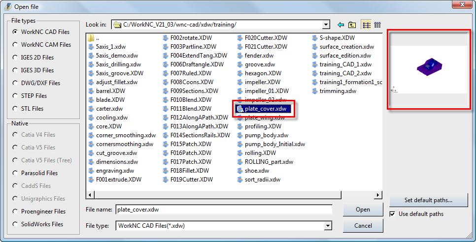 Workzones Creating a Workzone in the CAD Mode 3 Open File Dialog Box: CAD File Selected and Preview 8. Click on the Open button.
