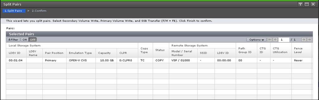 Item Volume: Only the failed pair is split. CFW (VSP G1000, G1500, and VSP F1500) URz only. Whether to copy cache fast write (CFW) data to the S-VOL. Primary Volume Only: Does not copy. Default.