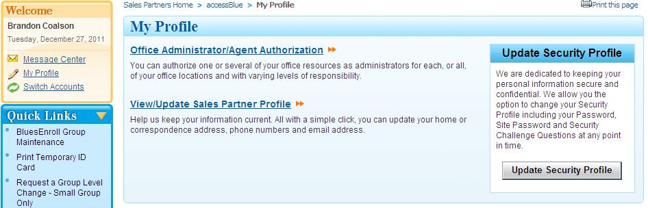 Security Profile Page On the security profile page