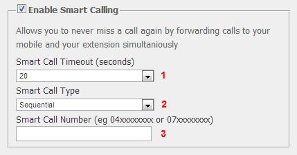 1. Smart Call Timeout (seconds) Set the timeout, in seconds, before the Smart Call Number is dialled. 2.