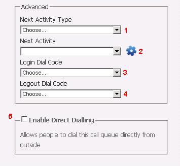 Activity Type Select the activity type for the call queue, used if a caller exits the queue by pressing 1 (if enabled) or the call times out. (for example, voicemail) 2.