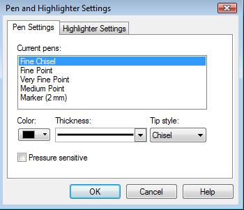 7. The Pen and Highlighter Setting dialog box will