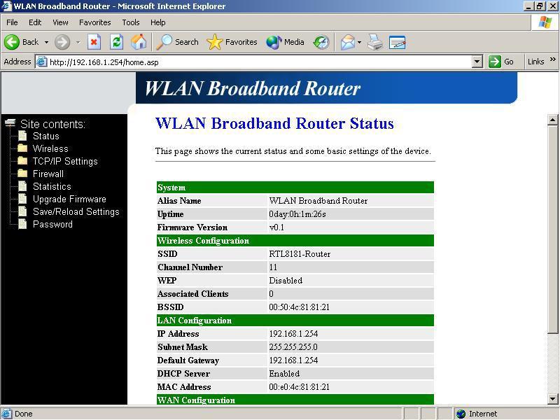 3.2 Connect to the WLAN Broadband Router Open a WEB browser, i.e. Microsoft Internet Explore, then enter 192.168.1.254 on the URL to connect the WLAN Broadband Router. 3.