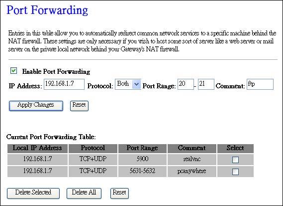 4.3.5.4 Port Forwarding Entries in this table allow you to automatically redirect common network services to a specific machine behind the NAT firewall.
