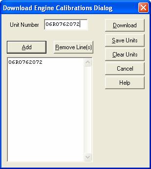 Adds the Unit Number entered to the bottom list box. You need to do this for every Engine Serial Number! Removes a Unit Number that is selected in the list. Downloads all engine serial numbers listed.