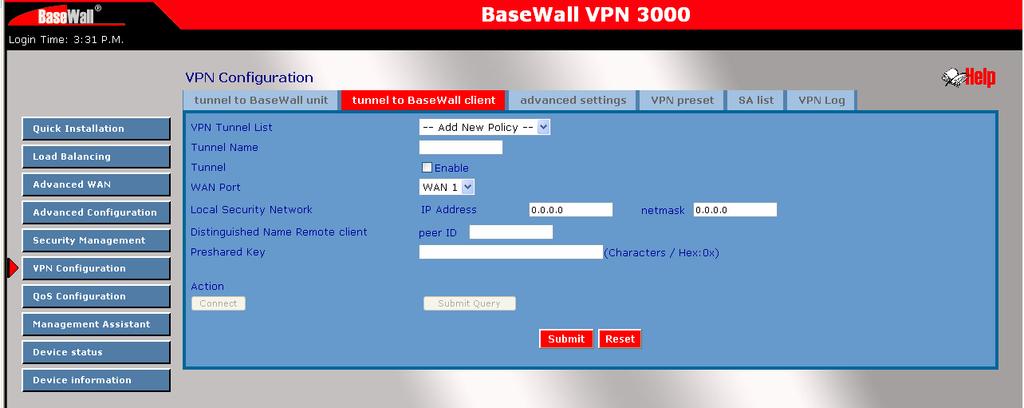 VPN Configuration Tunnel to Basewall Unit VPN Tunnel List here you can add a new tunnel or change an existing one from the list The router can setup a maximum of 50 tunnels.