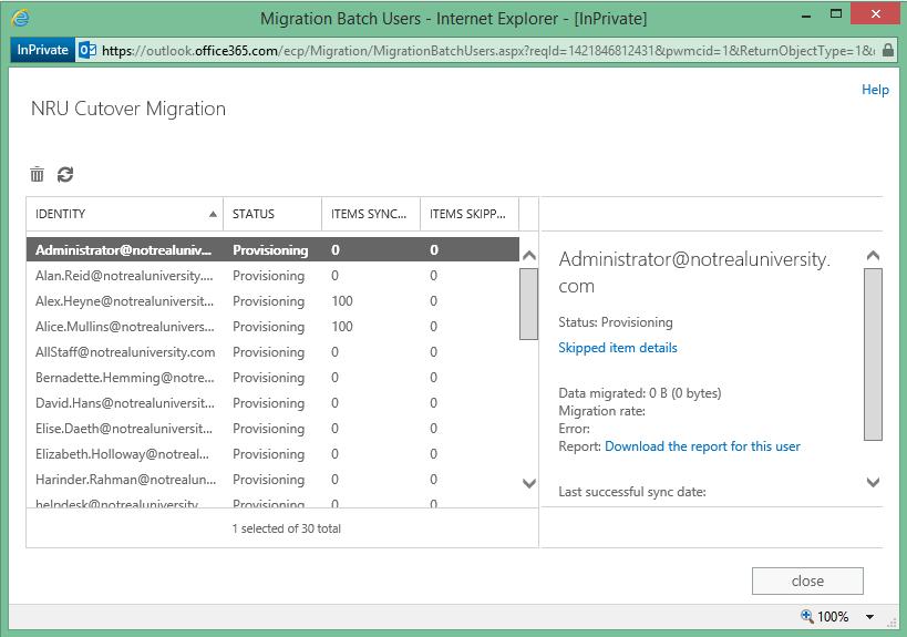 Figure 9: Monitoring the migration batch job Be patient, as the initial provisioning can take several minutes, and the initial synchronization can take days or weeks depending on the amount of