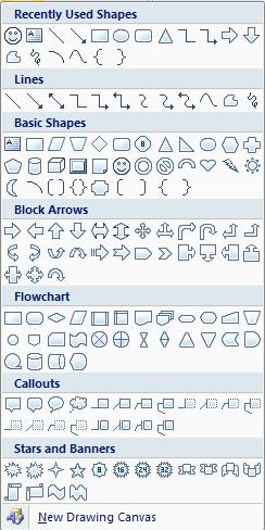 Lesson 4: Shapes There are many shapes that you can insert into a document such as: There are also many options for inserting arrows, banners, stars, callouts, flowchart shapes, and more.