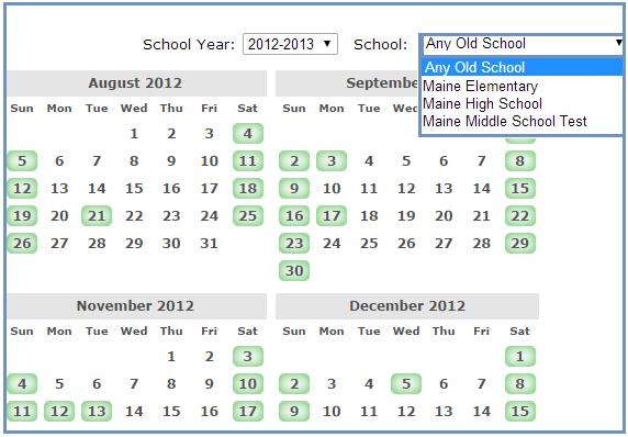 School-No School Days Calendar 1) Select the appropriate school from the School drop-down menu 2) Click