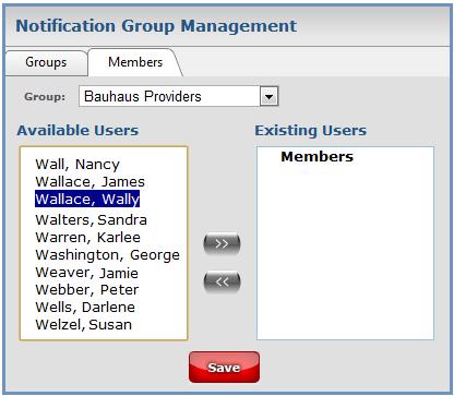 Assign Members to Group 1) Select Group Management from the Administrative Menu 2) Select Members Work Space Tab 3) Select title from Group: drop-down 4) Choose a staff member from the