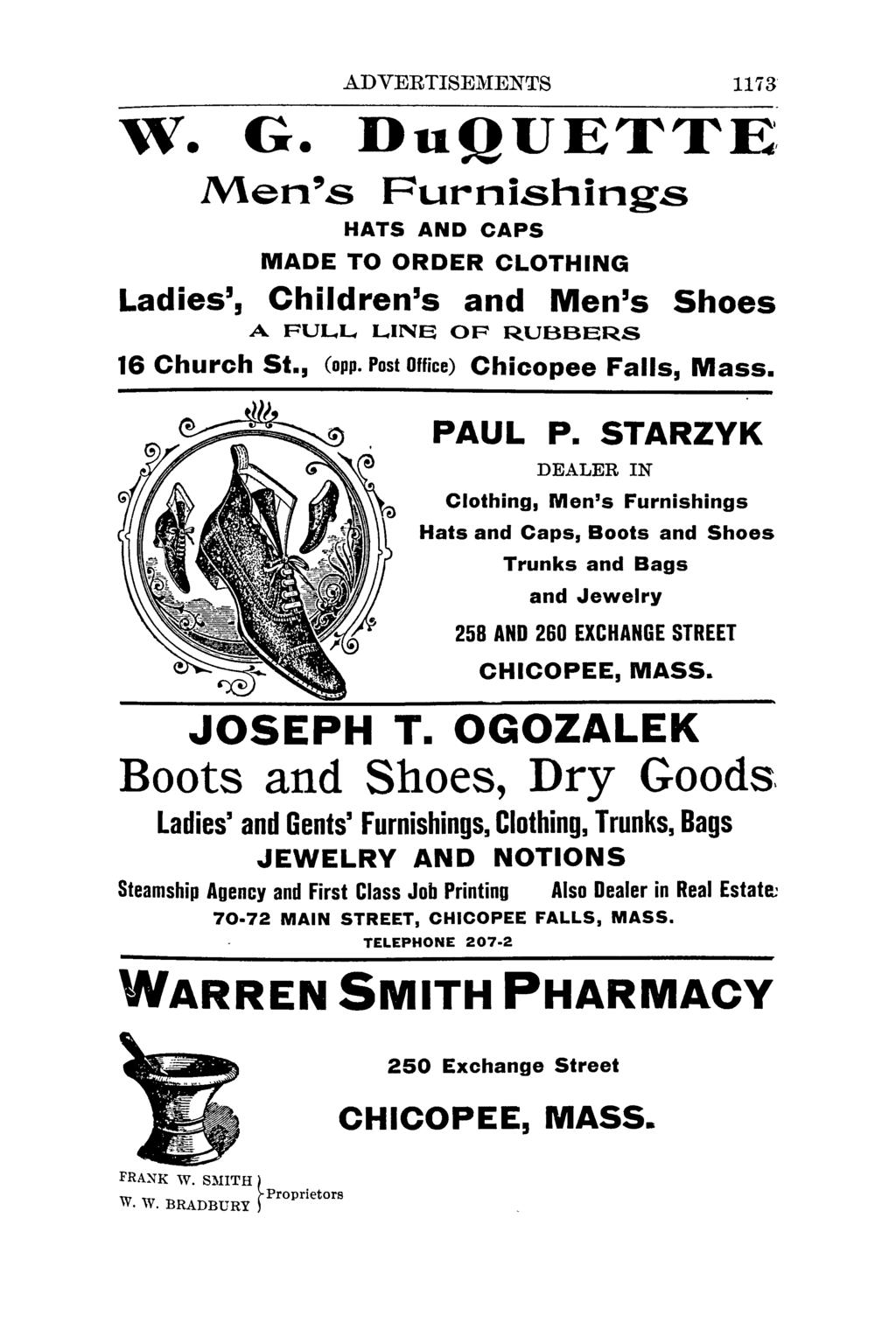 ADVERTISEl\'IENTS 1173 w. G. Du2UETTE. Men's Furnishings HATS AND CAPS MADE TO ORDER CLOTHING Ladies', Children's and Men's Shoes A FUL,L, L,INE OF RUBBERS 16 Church St., (opp.
