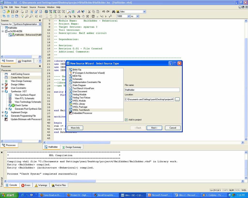 Click on VHDL Test Bench and specify the file name