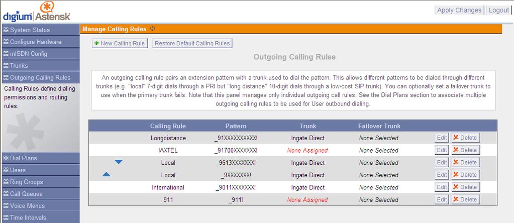 6.2 Outgoing Calling Rules Calling Rules define dialing permissions and routing rules. An outgoing calling rule pairs an extension pattern with a trunk used to dial the pattern.