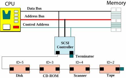 buses using input/output controllers; There is one specific controller for each input/output device A controller can be a serial or