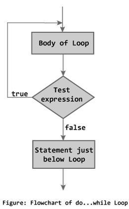 do while loop The do while loop is similar to the while loop with one important difference. The body of do...while loop is executed once, before checking the test expression.